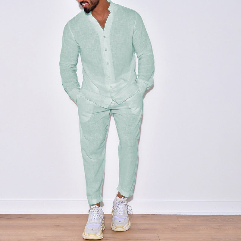 Herren Leinenbluse Modern mit Halbkragen und Hosenset