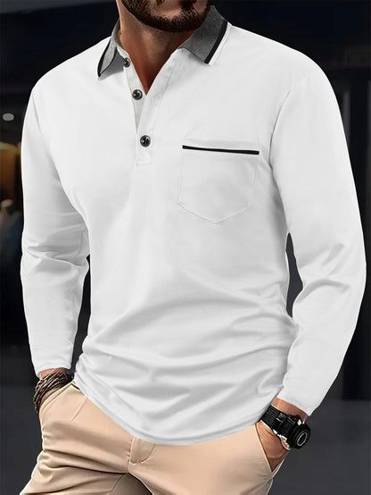 Herren Poloshirt Langarm Strukturiert Kragen Tasche Modern