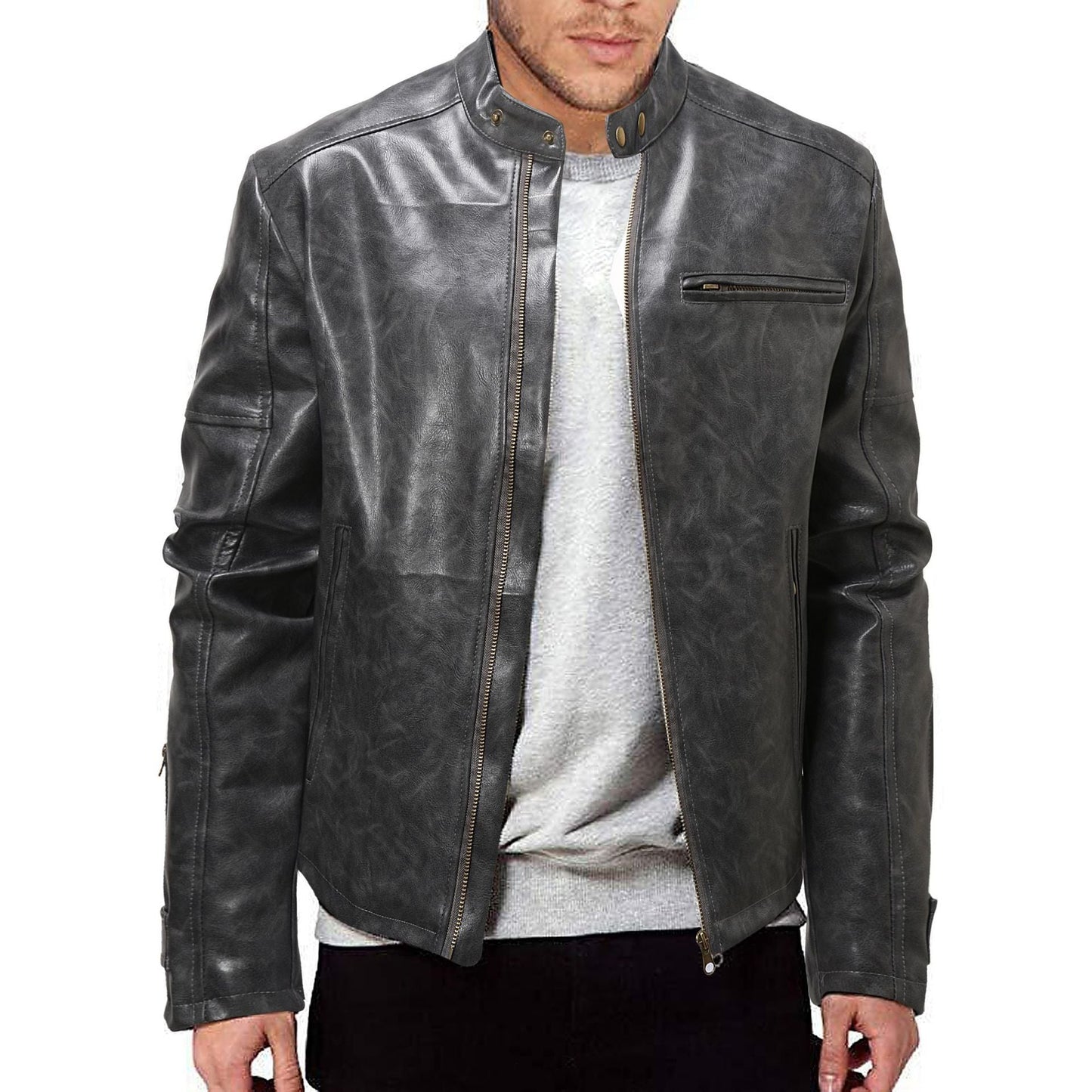 Lederjacke Herren Stehkragen Schwarz Ledermantel
