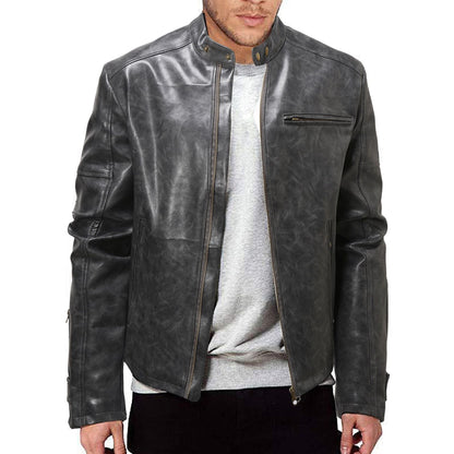 Lederjacke Herren Stehkragen Schwarz Ledermantel
