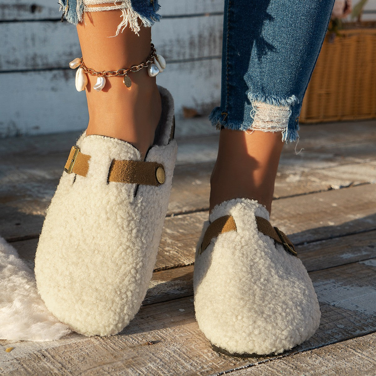 Damen Hausschuhe Kuschelig Fell Schnallen Design Warm