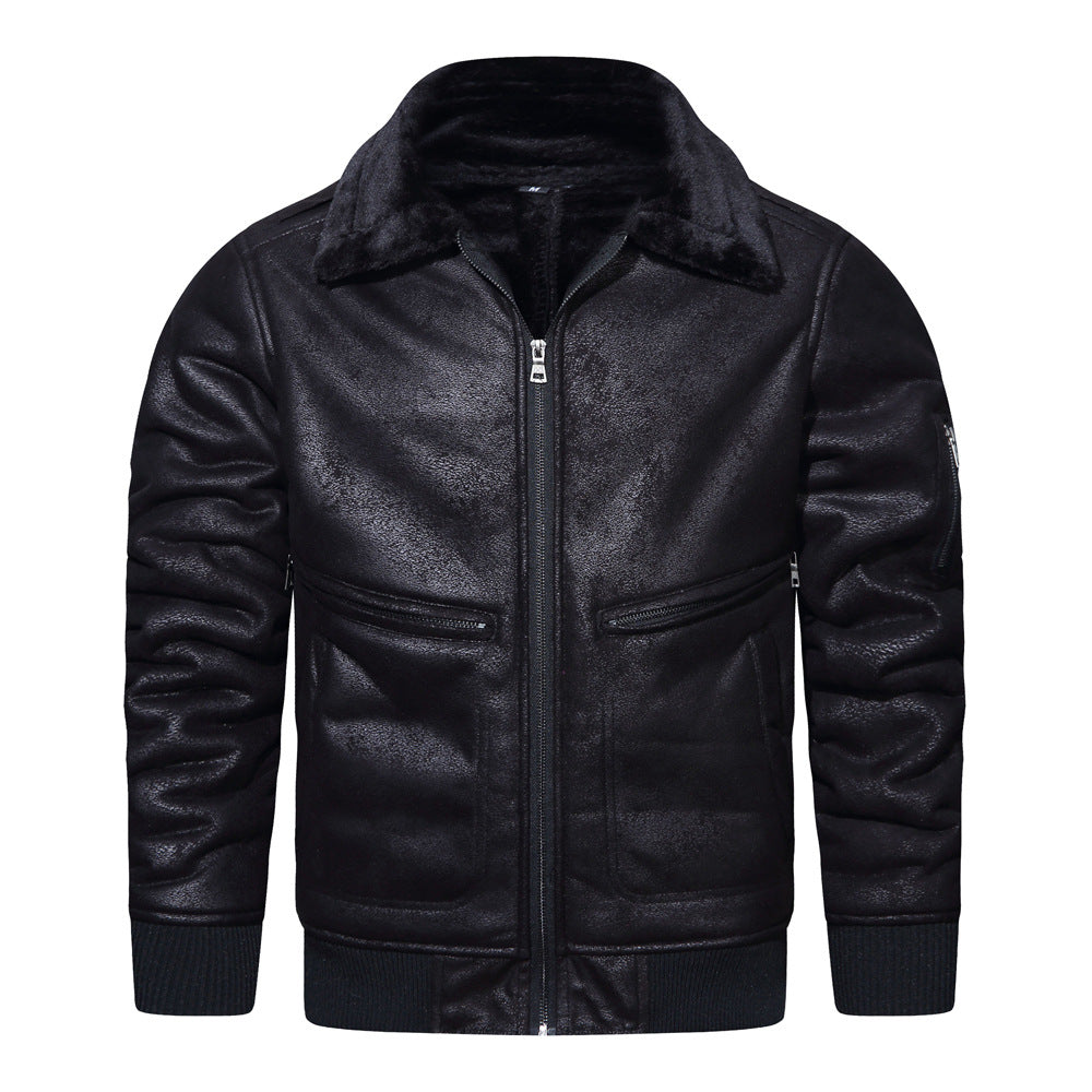 Lederjacke Herren Teddyfutter Hochkragen Schwarz