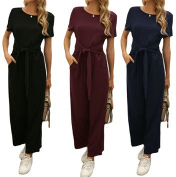 Damen Jumpsuit Weites Bein Mit Gürtel Elegant - BerlinGlamour