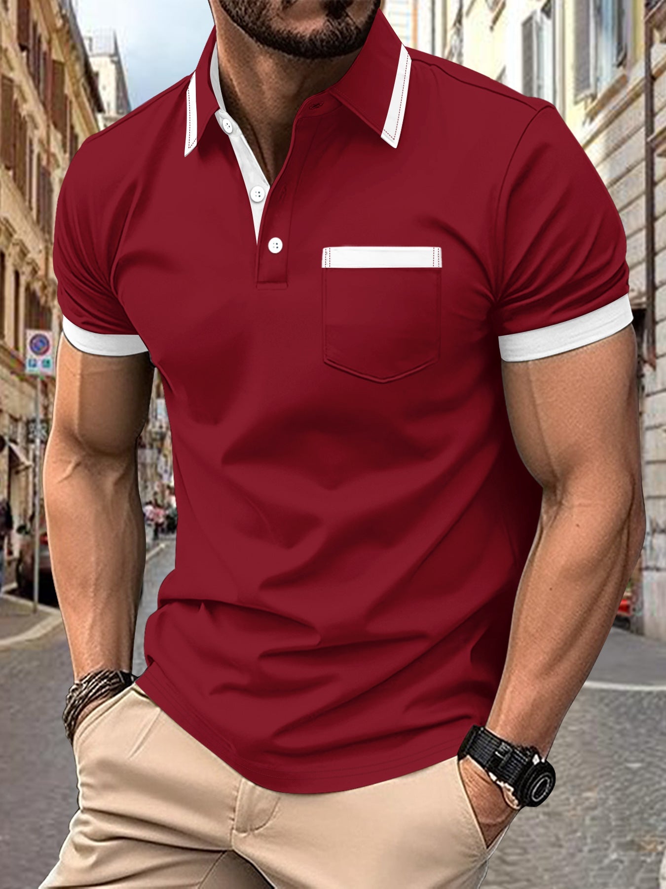 Herren Polohemd Kurzarm Modern Kontrast