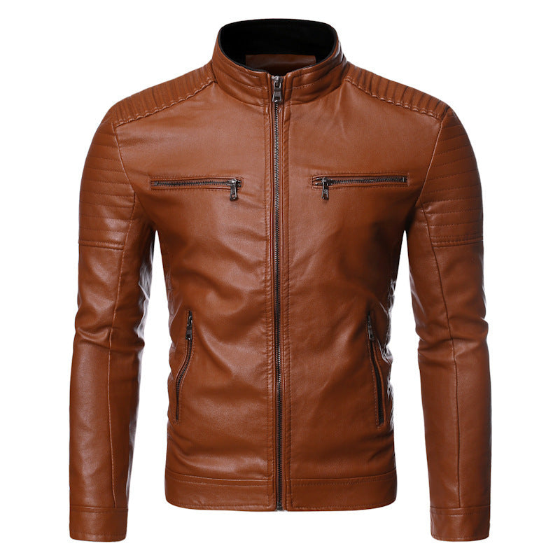 Lederjacke Herren Bikerstil mit Reißverschluss und Taschen Schwarz