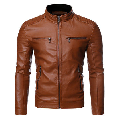 Lederjacke Herren Bikerstil mit Reißverschluss und Taschen Schwarz