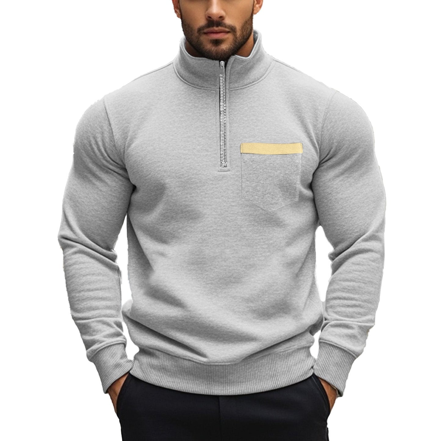 Herren Pullover Sportlich Reißverschluss Brusttasche