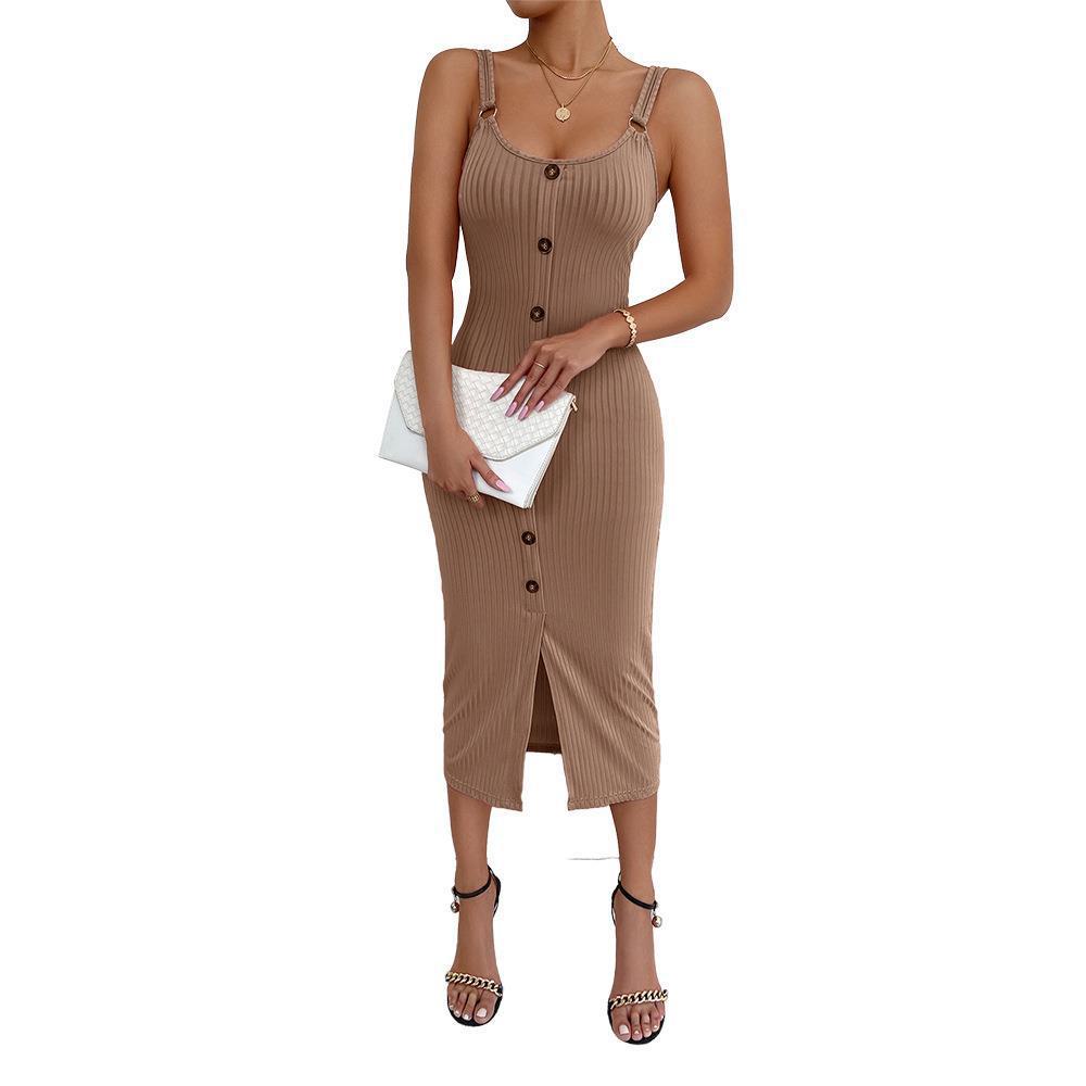 Knielanges Damenkleid mit Rippmuster und Knöpfen Modern