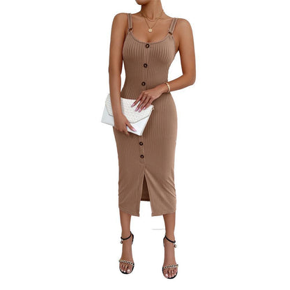 Knielanges Damenkleid mit Rippmuster und Knöpfen Modern