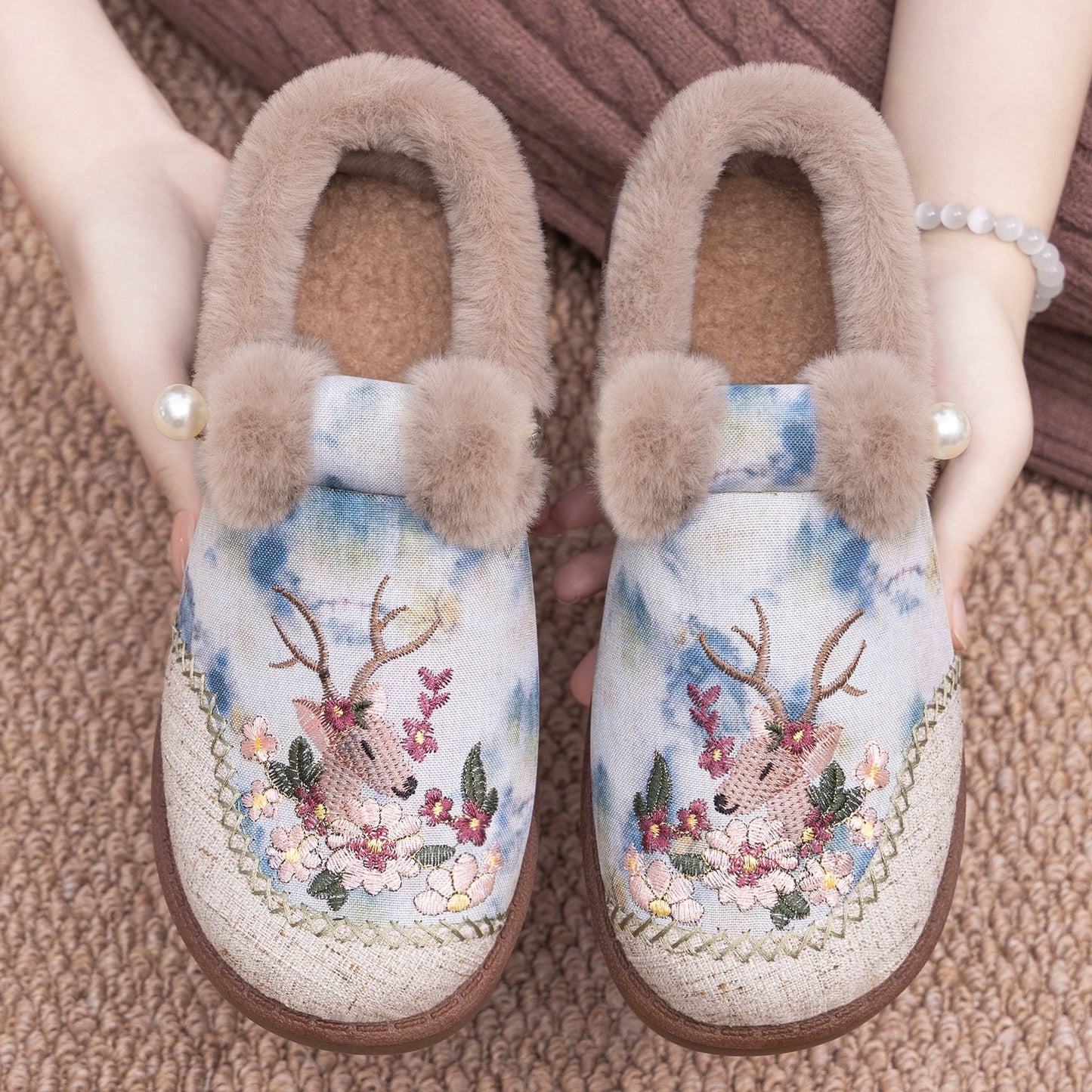Damen Hausschuhe Kuschelig Warm mit Stickdesign