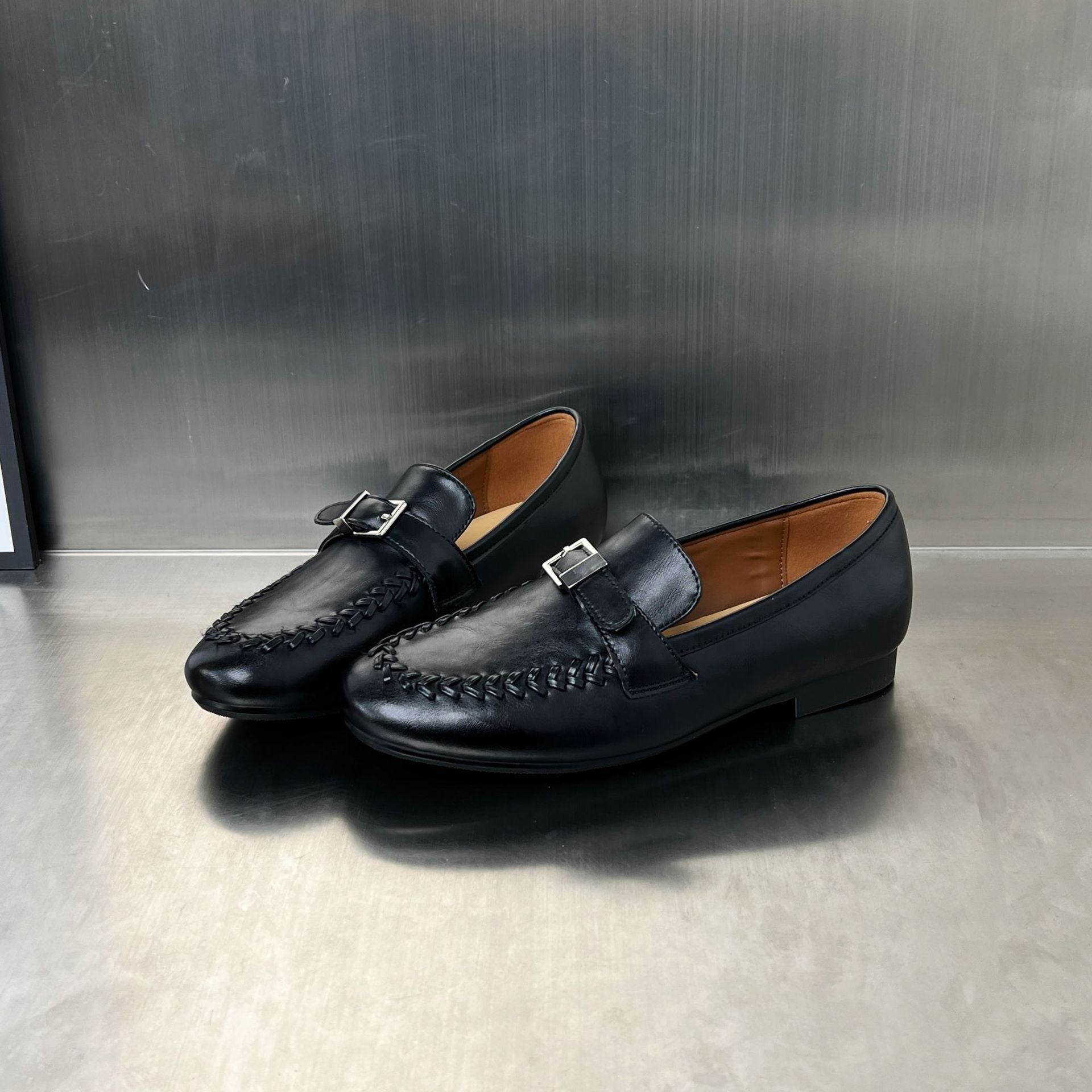 Damen Mokassins Leder Elegant Schnalle Schwarz - BerlinGlamour