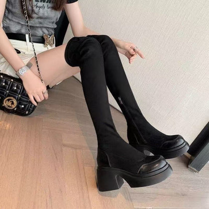 Damen Overknee Stiefel Elegant Blockabsatz Flexibler Reißverschluss