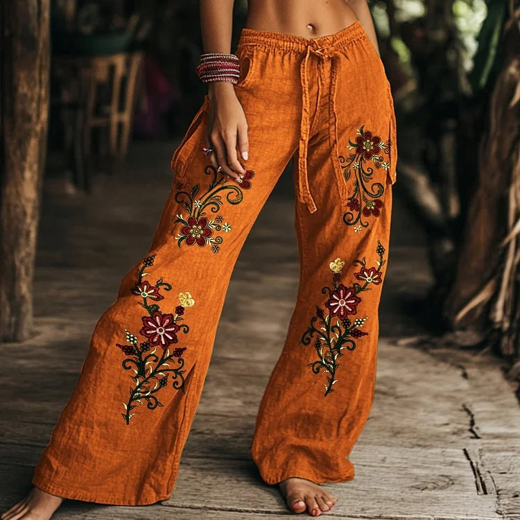Damen Leinenhose Weit Bequem Blumenmuster Sommer