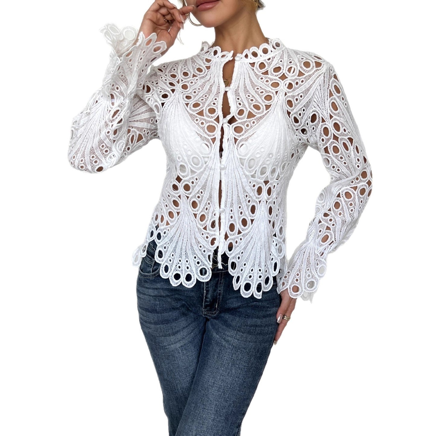 Elegante Damen Bluse Spitze Cut-Outs Figurformend