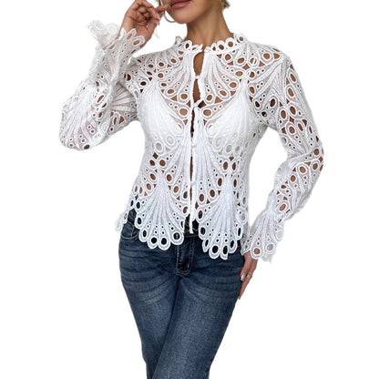 Elegante Damen Bluse Spitze Cut-Outs Figurformend