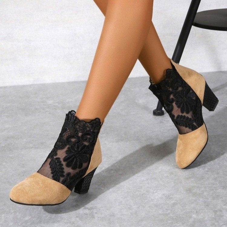 Damen Stiefeletten Spitze Schuhe Komfortabsatz Blockheel