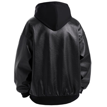 Herren Lederjacke Oversized Kapuze Abnehmbar Modern