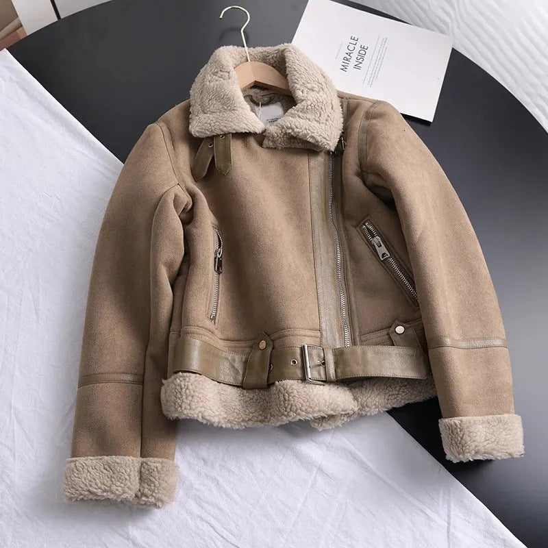 Lederjacke Damen Stylisch Wildleder mit Gürtel - BerlinGlamour