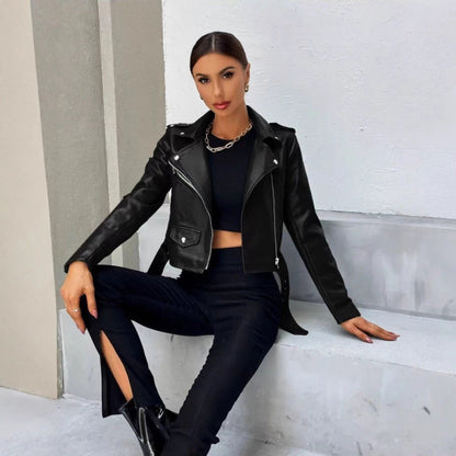 Damen Kunstlederjacke Taillierte Asymmetrisch Schwarz - BerlinGlamour