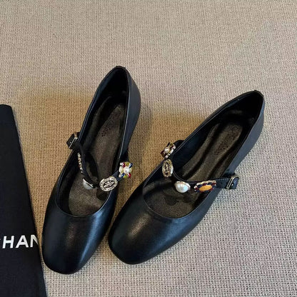 Damen Ballerinas Elegant Luxus Schmuck Riemenverschluss