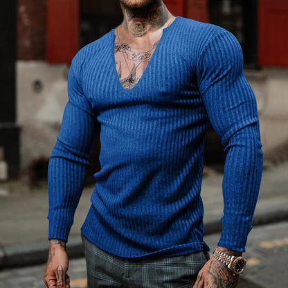 Herren Langarmshirt V-Ausschnitt Feine Rippstruktur Modern