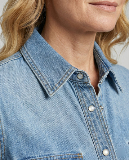 Damen Bluse Denim mit Brusttaschen und Dekoration