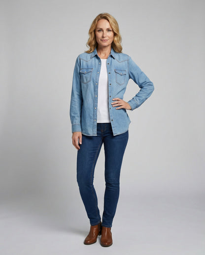 Damen Bluse Denim mit Brusttaschen und Dekoration