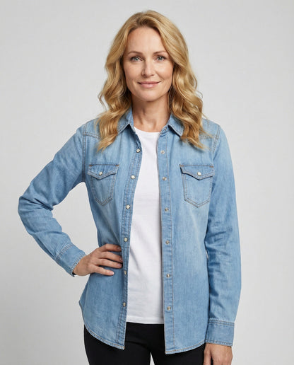 Damen Bluse Denim mit Brusttaschen und Dekoration - BerlinGlamour