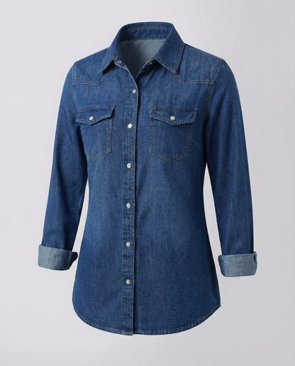 Damen Bluse Denim mit Brusttaschen und Dekoration