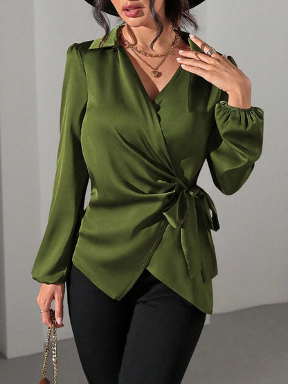 Damen Wickelbluse Elegante Puffärmel Taillengürtel