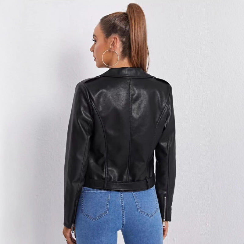 Leder Bikerjacke Damen Asymmetrisch Reißverschluss Schwarz
