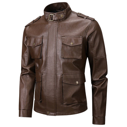 Herren Lederjacke Militärstyle mit Taschen und Hochkragen
