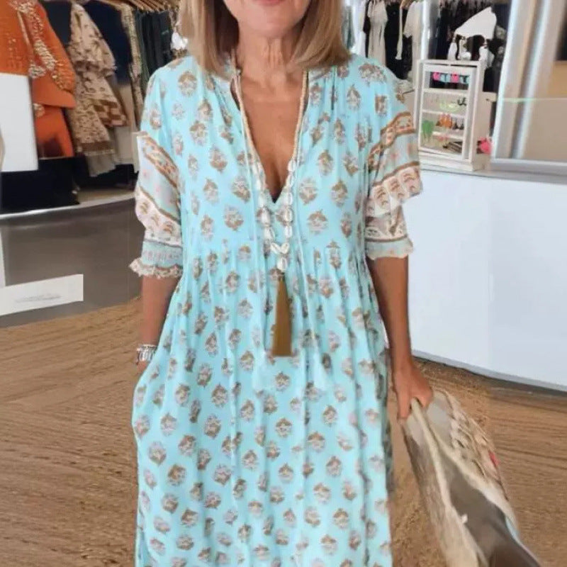 Boho-Kleid Damen Geflochtene Schnürung Handgefertigt Ethno-Stil
