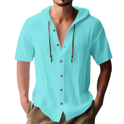Herren Kapuzen-Hemd Kurzarm Relaxed Fit Holzknöpfe