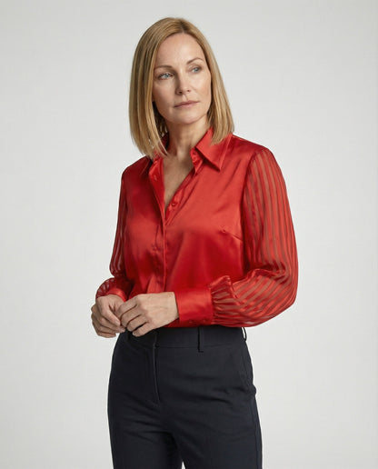 Elegante Damenbluse Satin Puffärmel Transparent - BerlinGlamour