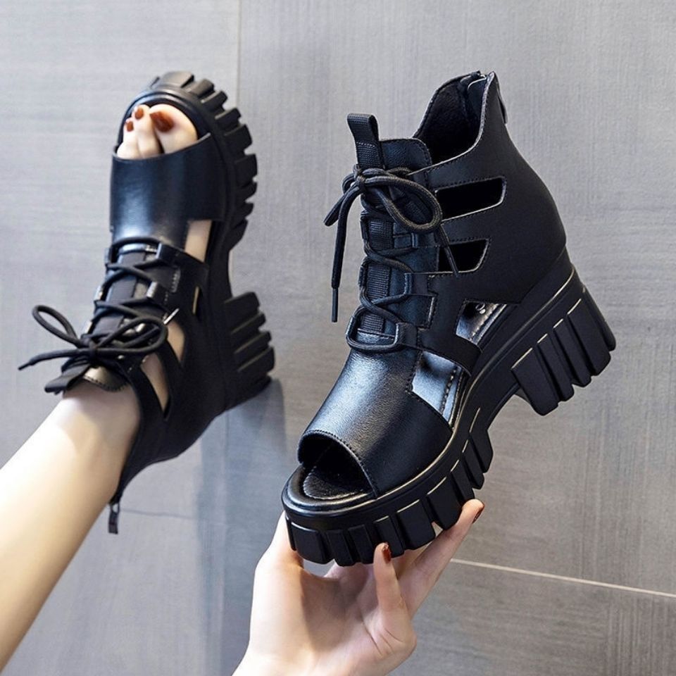 Damen Blockabsatz Sandalen Hochfrontig Schnürsenkel Robust