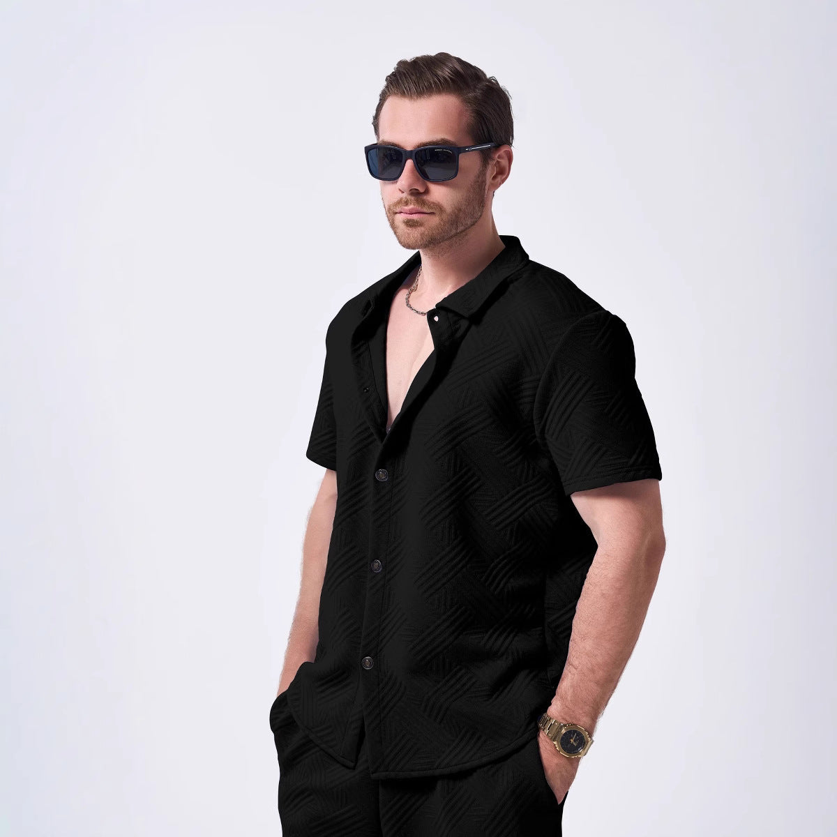Herren Kurzarmhemd Elegant Strukturiert Modern