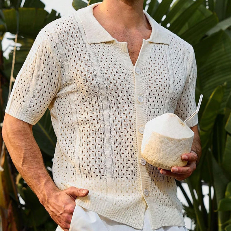 Herren Strickhemd Kurzarm Leicht Durchbrochen Modern - BerlinGlamour