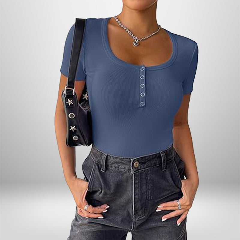 Damen Bodysuit Kurzarm Figurformend Mit Knöpfen