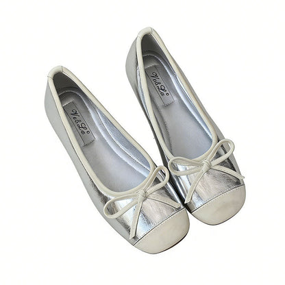 Damen Ballerinas Glänzend mit Schleife Elegant