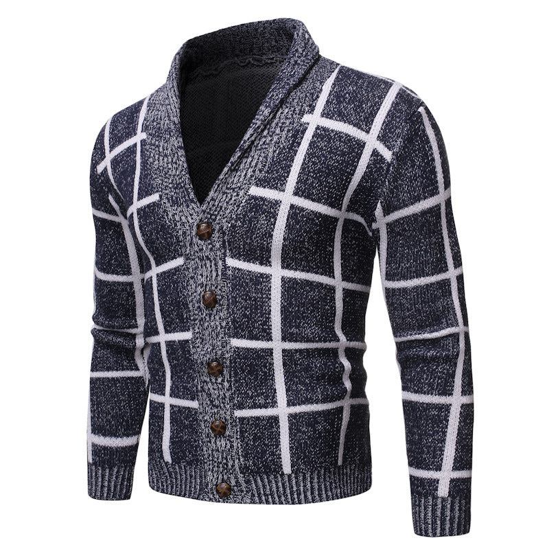 Herren Strickjacke Modern V-Ausschnitt Karomuster Schwarz