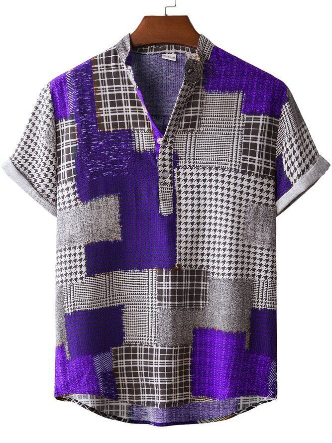 Herren Kurzarmhemd Patchwork Design Henley Ausschnitt Modern - BerlinGlamour
