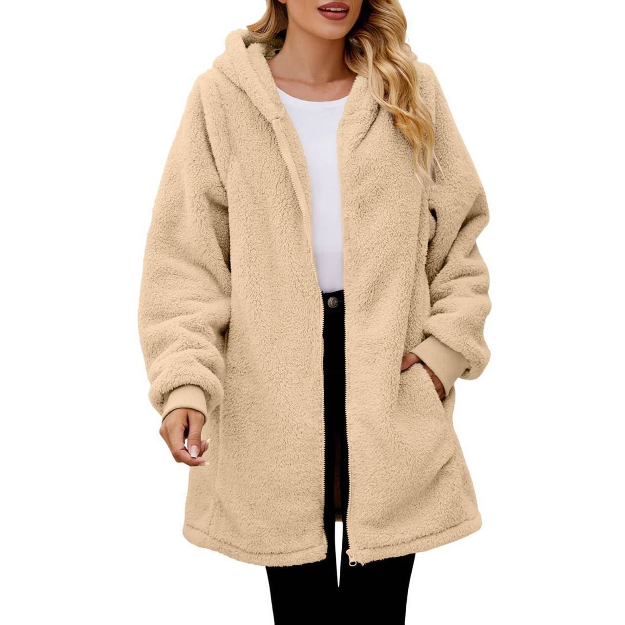 Damen Fleecejacke Oversized Reißverschluss Warm Kuschelig