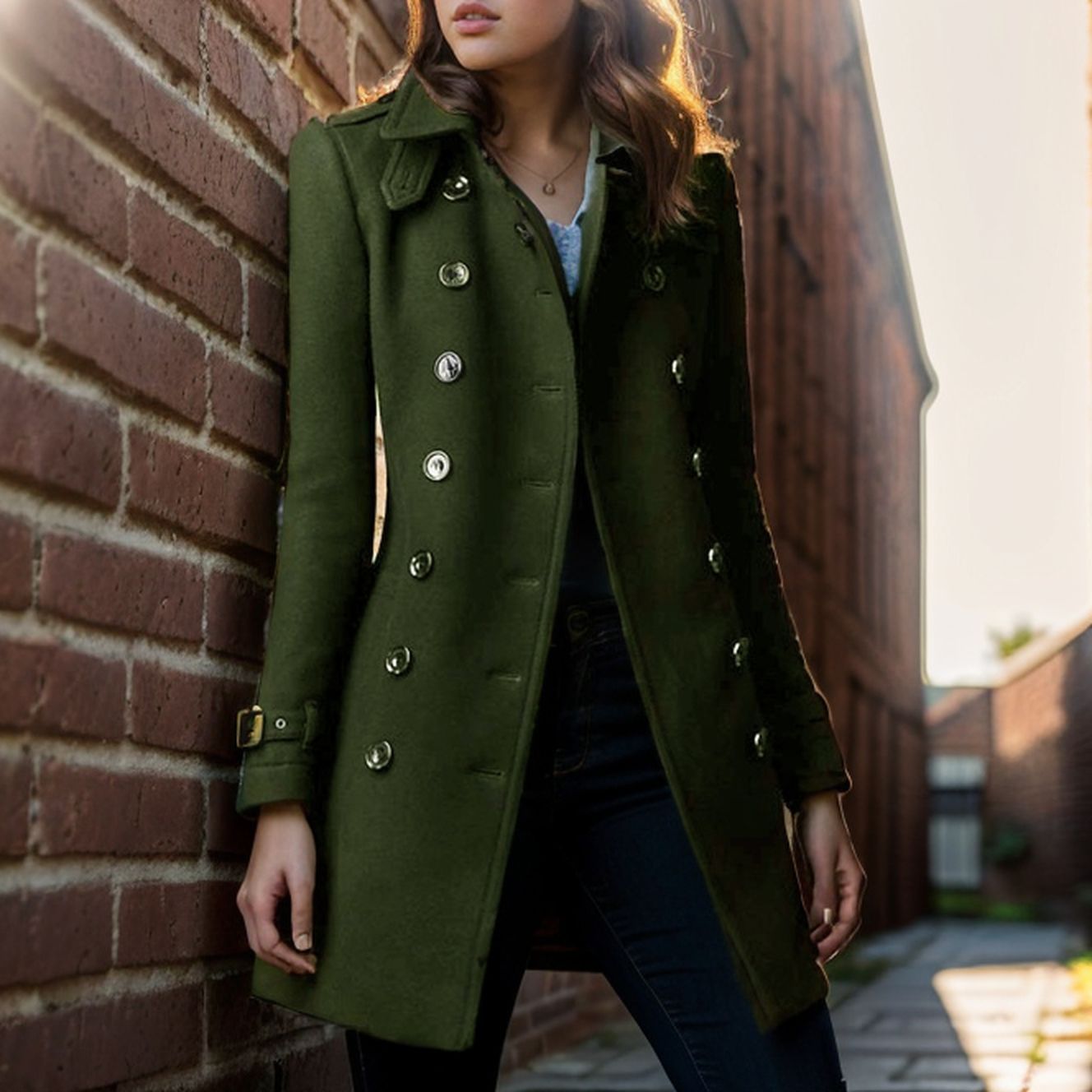 Damen Wollmantel Stylisch mit Doppelknopf Schwarz Elegante Mode