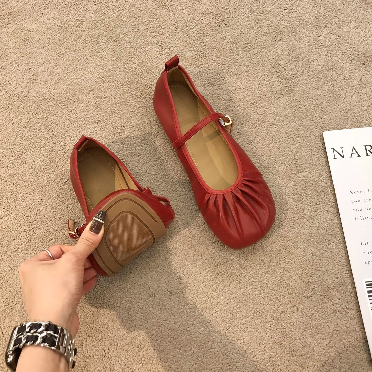 Damen Ballerinas Flach Schuhe mit Riemchen und Falten Optik