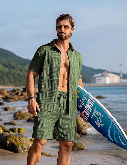Herren Sommer Outfit Kurzarm Hemd Surf Shorts Trendy