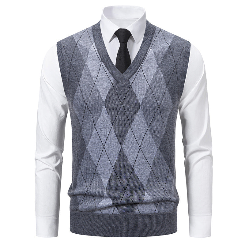 Herren Pullover V-Ausschnitt Strick mit Rautenmuster Elegant