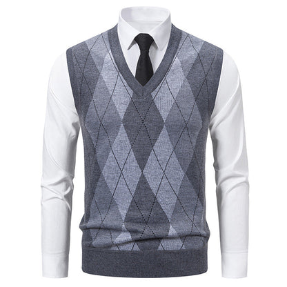 Herren Pullover V-Ausschnitt Strick mit Rautenmuster Elegant