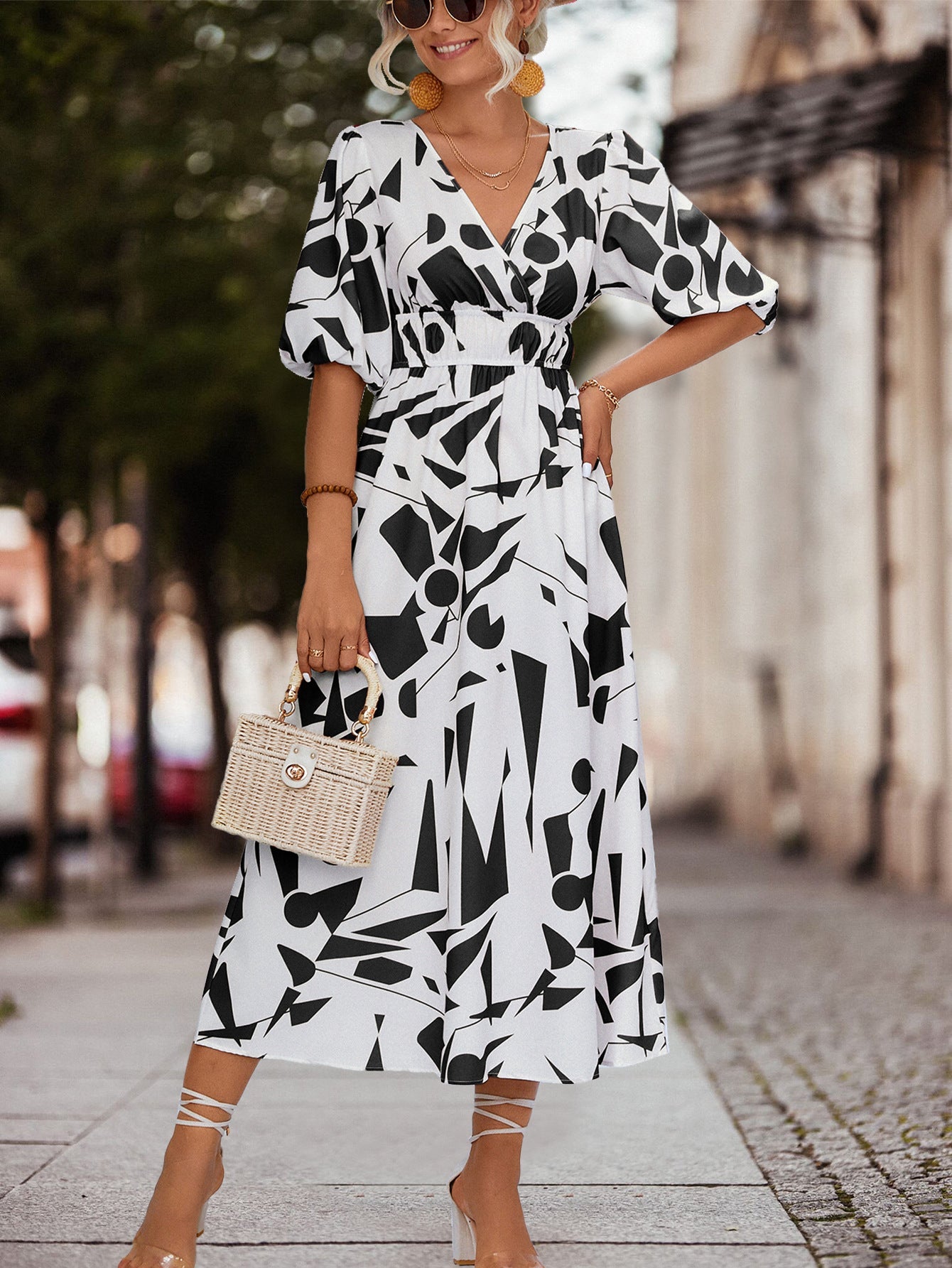 Damen Midikleid Geometrisches Muster Elastisch Moderne