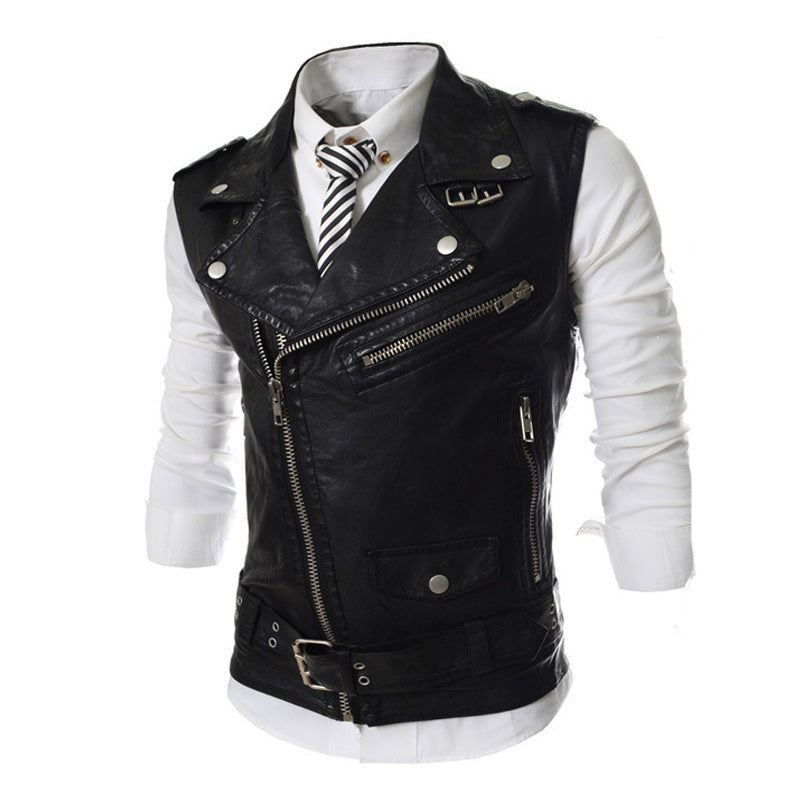 Herren Lederweste Asymmetrisch Reißverschluss Biker Stil